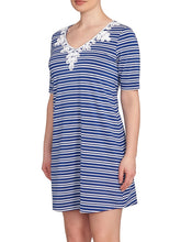 Load image into Gallery viewer, Striped Embroidered Neckline Dress - Blue Multi FINAL SALE
