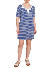 Load image into Gallery viewer, Striped Embroidered Neckline Dress - Blue Multi FINAL SALE
