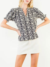 Load image into Gallery viewer, Floral Embroidery Top with Sequins - Navy/Off White
