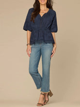 Load image into Gallery viewer, Embroidered Peplum Short Sleeve Top - Navy
