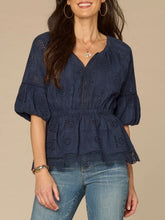 Load image into Gallery viewer, Embroidered Peplum Short Sleeve Top - Navy

