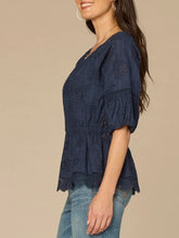 Load image into Gallery viewer, Embroidered Peplum Short Sleeve Top - Navy
