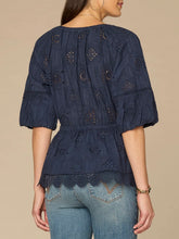 Load image into Gallery viewer, Embroidered Peplum Short Sleeve Top - Navy
