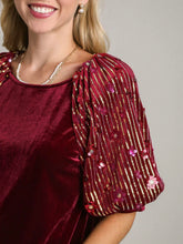 Load image into Gallery viewer, Velvet Top with Sequin Sleeve - Cranberry FINAL SALE
