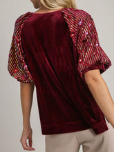Load image into Gallery viewer, Velvet Top with Sequin Sleeve - Cranberry FINAL SALE
