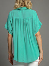 Load image into Gallery viewer, Embroidered Short Sleeve Button Down Top - Aqua  FINAL SALE
