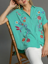 Load image into Gallery viewer, Embroidered Short Sleeve Button Down Top - Aqua  FINAL SALE
