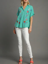 Load image into Gallery viewer, Embroidered Short Sleeve Button Down Top - Aqua  FINAL SALE
