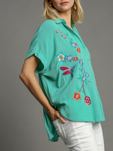 Load image into Gallery viewer, Embroidered Short Sleeve Button Down Top - Aqua  FINAL SALE
