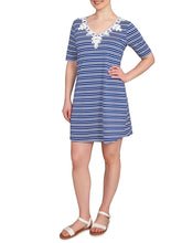 Load image into Gallery viewer, Striped Embroidered Neckline Dress - Blue Multi FINAL SALE
